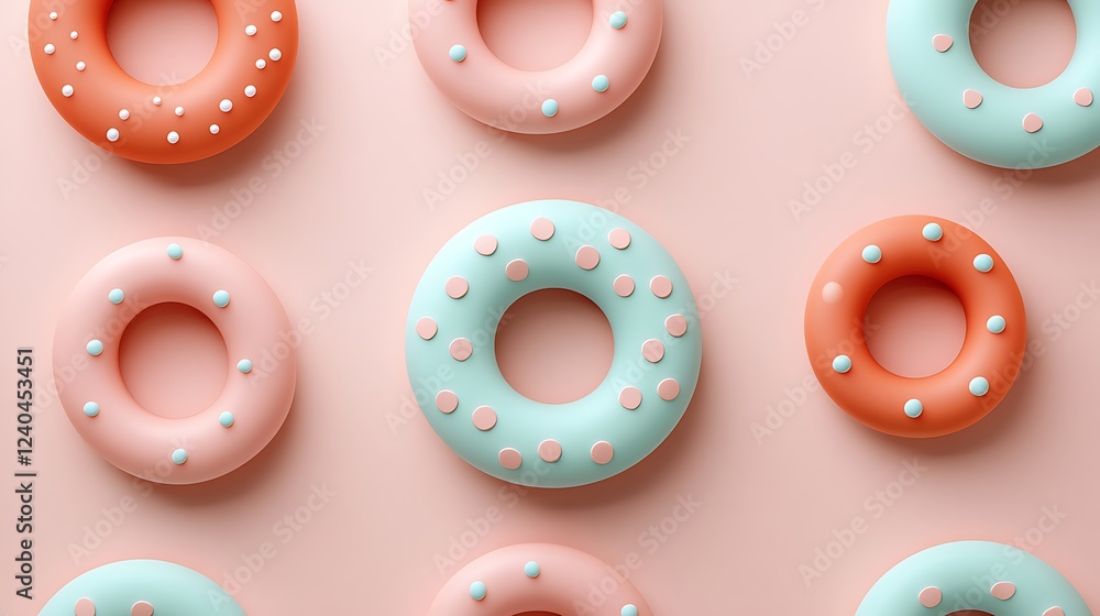 Fototapeta premium Colorful Donuts on Light Pink Background Featuring White and Pink Sprinkles in a Playful Arrangement