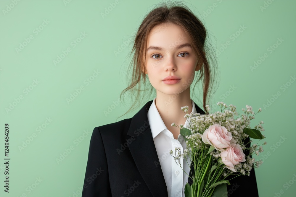 A woman in a black suit and white shirt holding a bouquet of flowers. Concept of elegance and sophistication, as the woman is dressed in a formal outfit and holding a beautiful arrangement of flowers