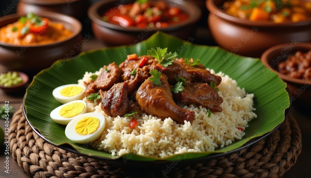 Flavorful Chicken and Rice Dish with Boiled Eggs on Banana Leaf Platter Flavorful Chicken and Rice Dish with Boiled Eggs on Banana Leaf Platter