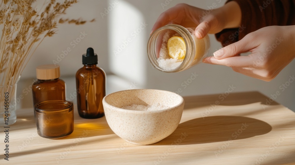 Zero-Waste DIY Skincare South Korean Woman Creating Citrus Body Scrub in Ceramic Bowl for Sustainable Beauty Marketing and Eco-Friendly Lifestyle Content Zero-Waste DIY Skincare South Korean Woman Creating Citrus Body Scrub in Ceramic Bowl for Sustainable Beauty Marketing and Eco-Friendly Lifestyle Content