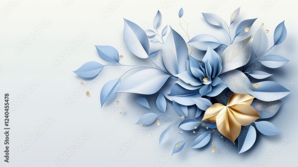 Fototapeta premium Elegant Blue and Gold Paper Flowers Floral Arrangement Design, Luxury Botanical Illustration, Artistic 3D Render