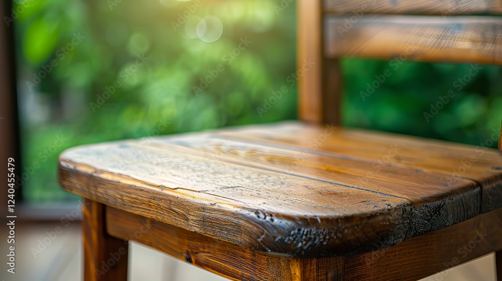 Close-up of a rustic wooden chair with a beautifully textured seat, bathed in soft sunlight against a lush green background. Close-up of a rustic wooden chair with a beautifully textured seat, bathed in soft sunlight against a lush green background.