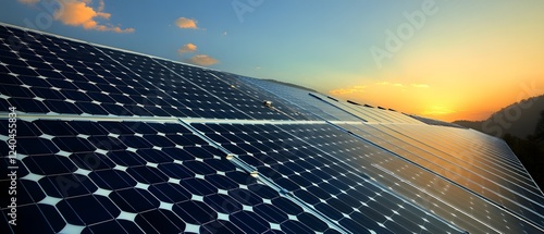 Stunning Sunset Over Solar Panel Field,  Clean Energy Landscape photo