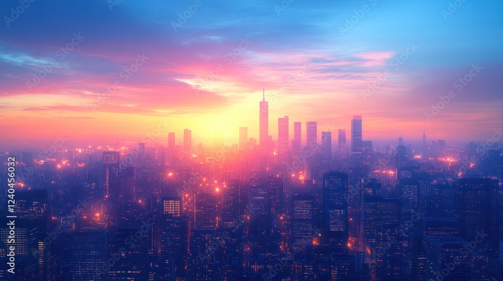 Cityscape sunrise, hazy dawn, urban glow, website banner Cityscape sunrise, hazy dawn, urban glow, website banner