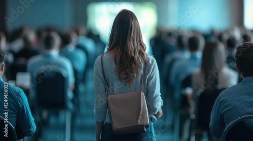 A shy woman accidentally walking into the wrong conference room, with confused attendees turning their heads as she nervously apologizes.