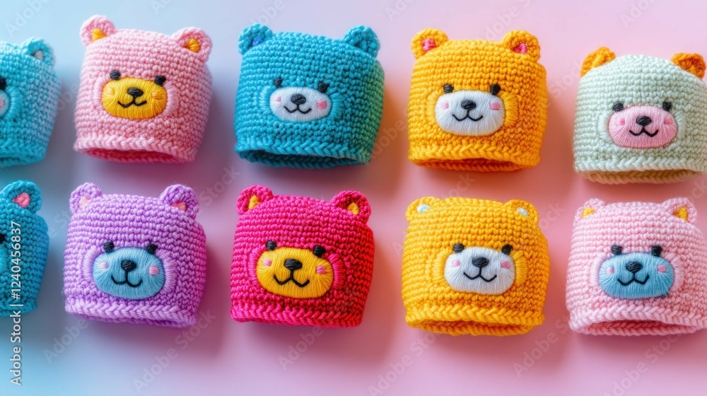 Fototapeta premium A set of colorful knitted wristbands featuring cheerful animal faces, arranged neatly on a pastel background.