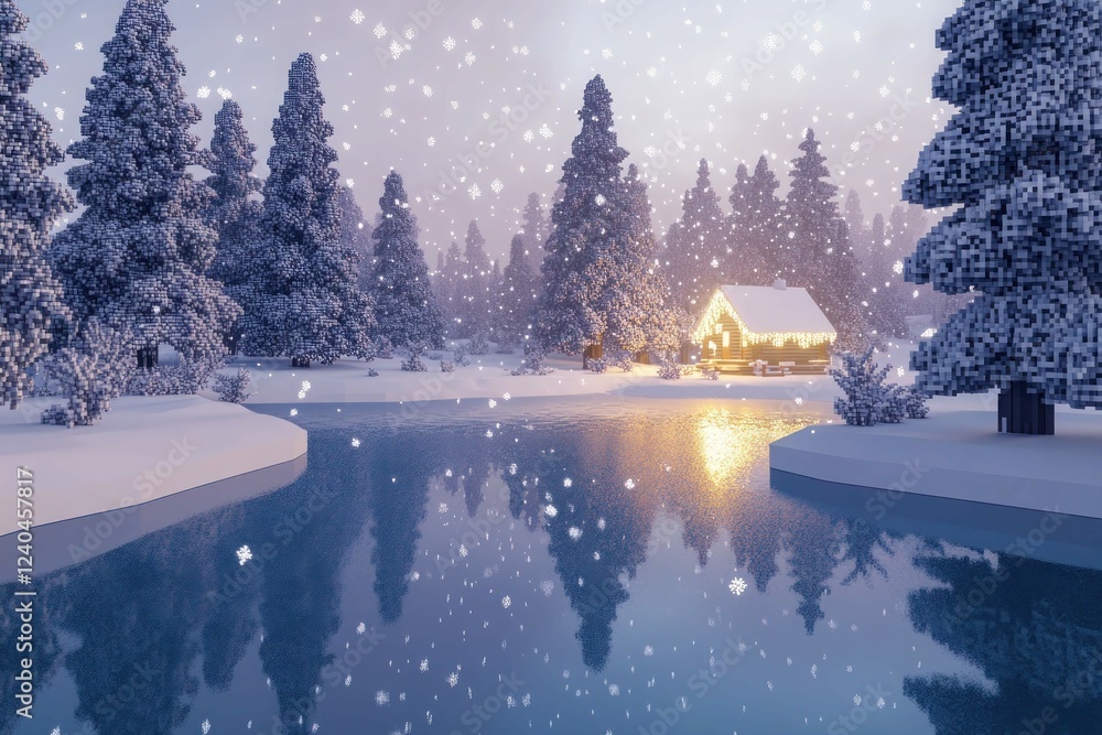 Fototapeta premium A serene winter wonderland with snow-covered pixelated trees, a frozen lake reflecting the soft glow of a nearby cabin, and snowflakes gently falling from the sky.