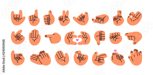 Set of different hand gestures in doodle style. Human palms pointing with index finger, shows signs of heart, peace, victory, love, OK, thumbs up. Flat isolated vector illustration on white background