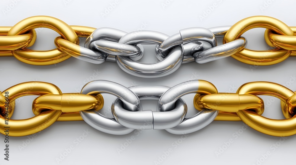 Fototapeta premium Gold and Silver Chain Links Intertwined, 3D Render of Connection and Contrast