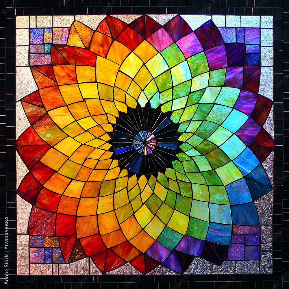 Obraz premium Vibrant Rainbow Spiral Stained Glass Mosaic Art
