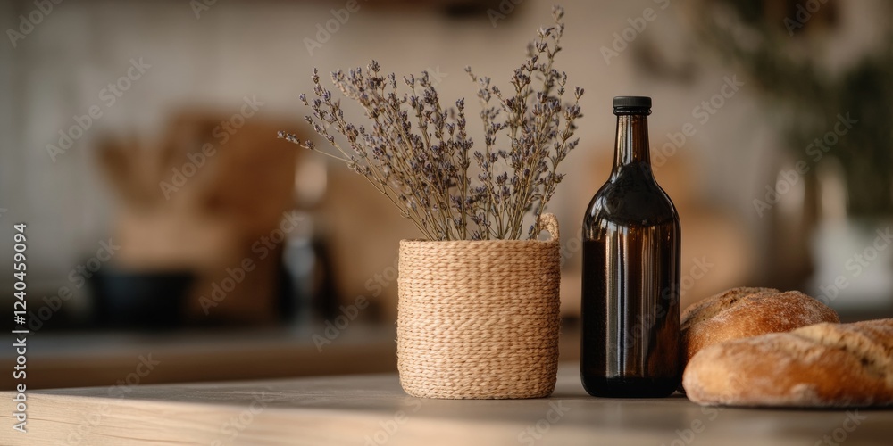 Fototapeta premium Rustic Culinary Aesthetic Artisan Bread and Wicker Elements in Professional Kitchen - Heritage Baking Tools for Modern Culinary Branding and Home Lifestyle Content