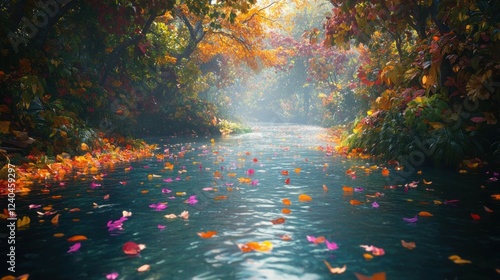 A serene river running through a dense, colorful autumn forest, with leaves floating on the watera??s surface.