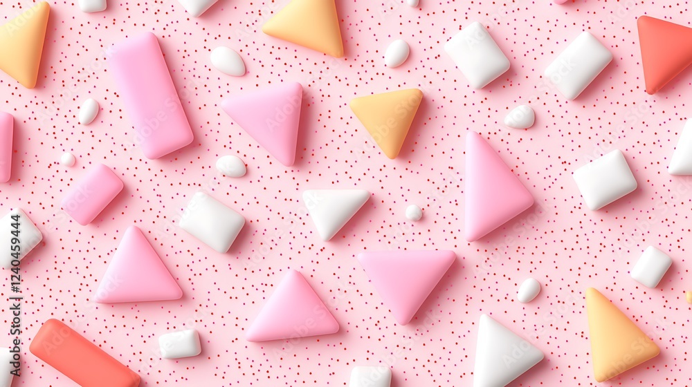 Obraz premium Colorful Geometric Shapes on Pink Surface with Sprinkles and Bright Peach, Yellow, Red, White, and Pink Tones