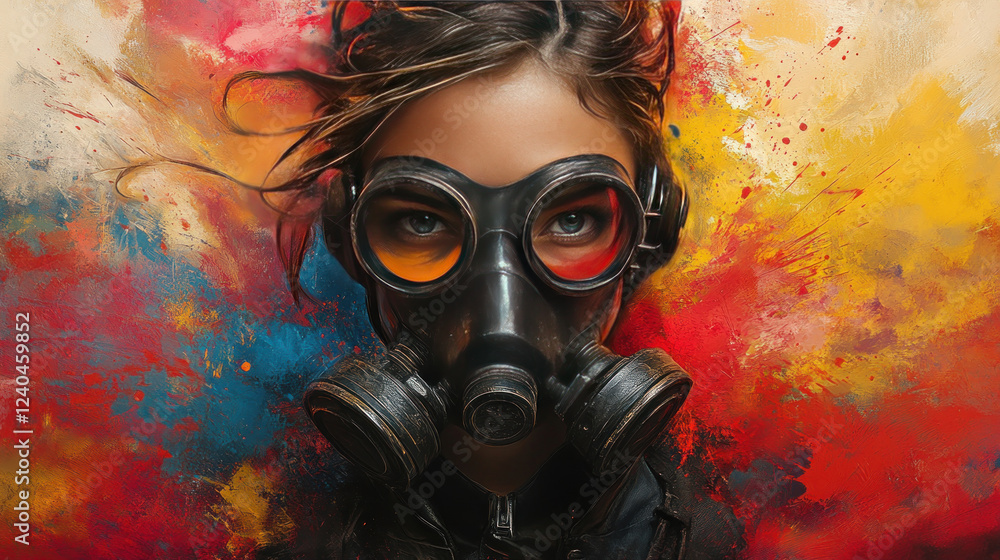 a spectacular fantasy-apocalyptic scene: a girl in a black gas mask with round lenses, one of which is painted orange and the other red a spectacular fantasy-apocalyptic scene: a girl in a black gas mask with round lenses, one of which is painted orange and the other red