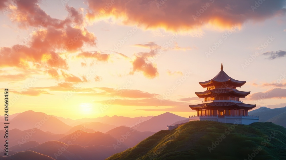 Serene sunset over a mountain range, with a traditional East Asian pagoda silhouetted against the warm, orange and pink sky. Lush green hills and distant mountain peaks. Peaceful atmosphere.