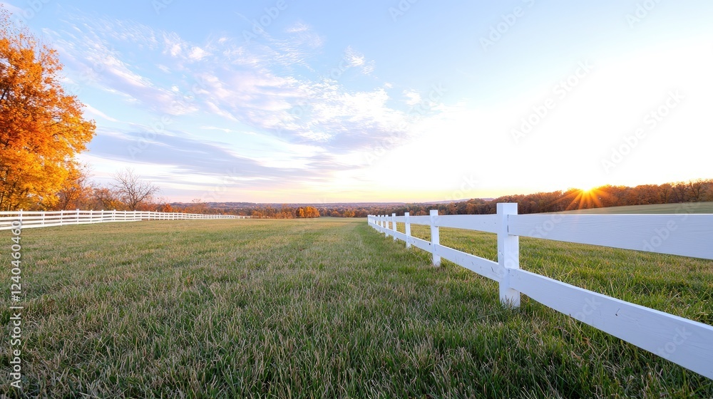 Fototapeta premium Autumn sunset over grassy field, white fence, idyllic rural scene, perfect for real estate