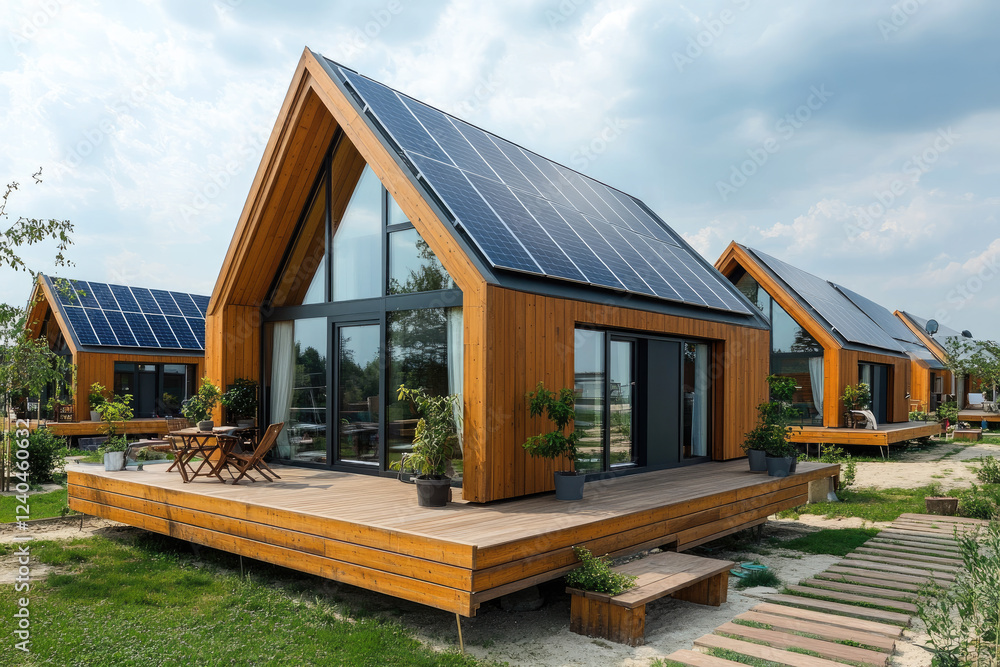 Obraz premium Modern eco-friendly urban complexes, modular smart houses with solar panels and greenery on the houses.