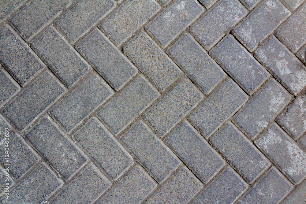 Interlocking Gray Paving Blocks in a Herringbone Pattern Interlocking Gray Paving Blocks in a Herringbone Pattern