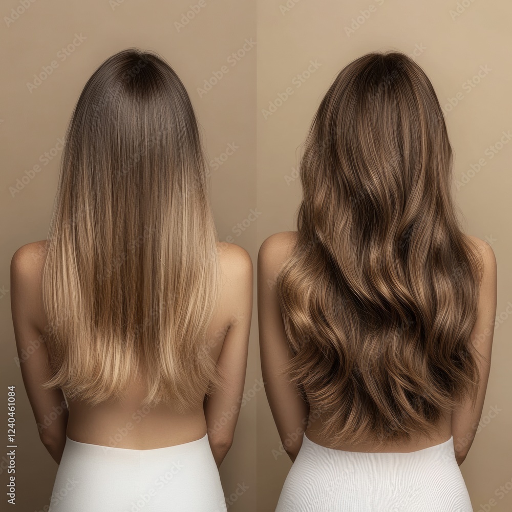 Comparison of thin hair and thick hair showing transformation and improved volume in a neutral background setting. Generative AI Comparison of thin hair and thick hair showing transformation and improved volume in a neutral background setting. Generative AI