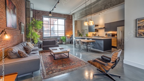 Wallpaper Mural Industrial Chic Loft Apartment: Open Plan Living Space with Exposed Brick Walls and Modern Kitchen Torontodigital.ca