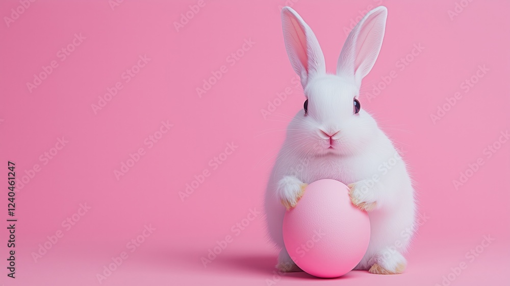 Fototapeta premium A fluffy white bunny holding a pastel pink egg against a vibrant pink background, symbolizing Easter joy and springtime celebration.