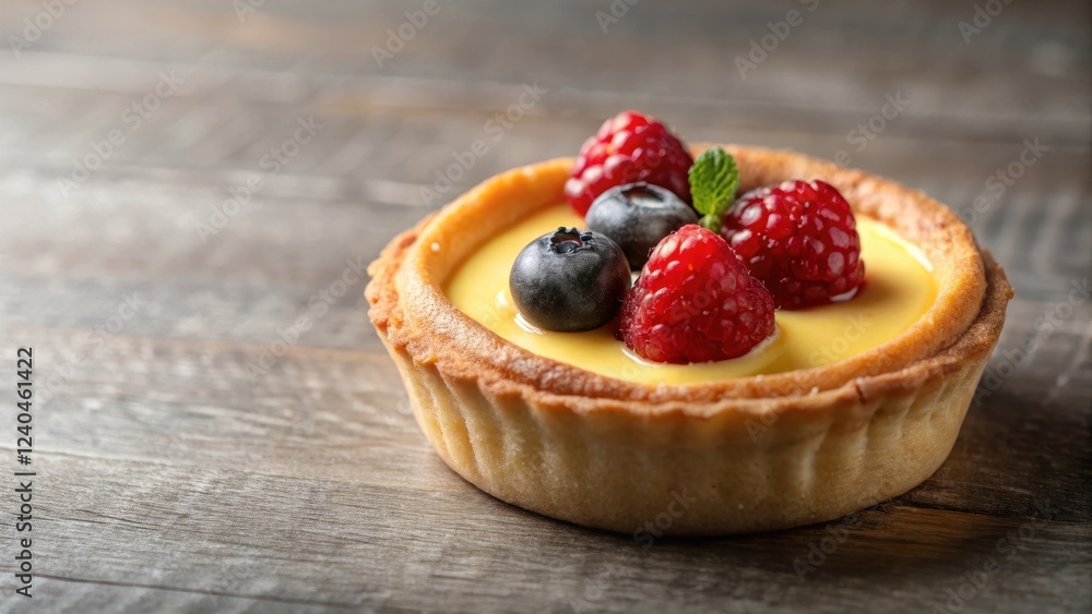 Delicious Pastry Tart with Berries and Creamy Filling on Rustic Wooden Surface Delicious Pastry Tart with Berries and Creamy Filling on Rustic Wooden Surface