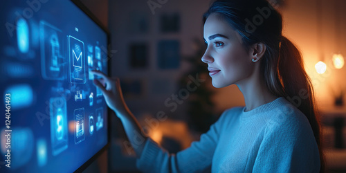 Pretty young woman using the home automation system on digital tablet to regulate the temperature. photo