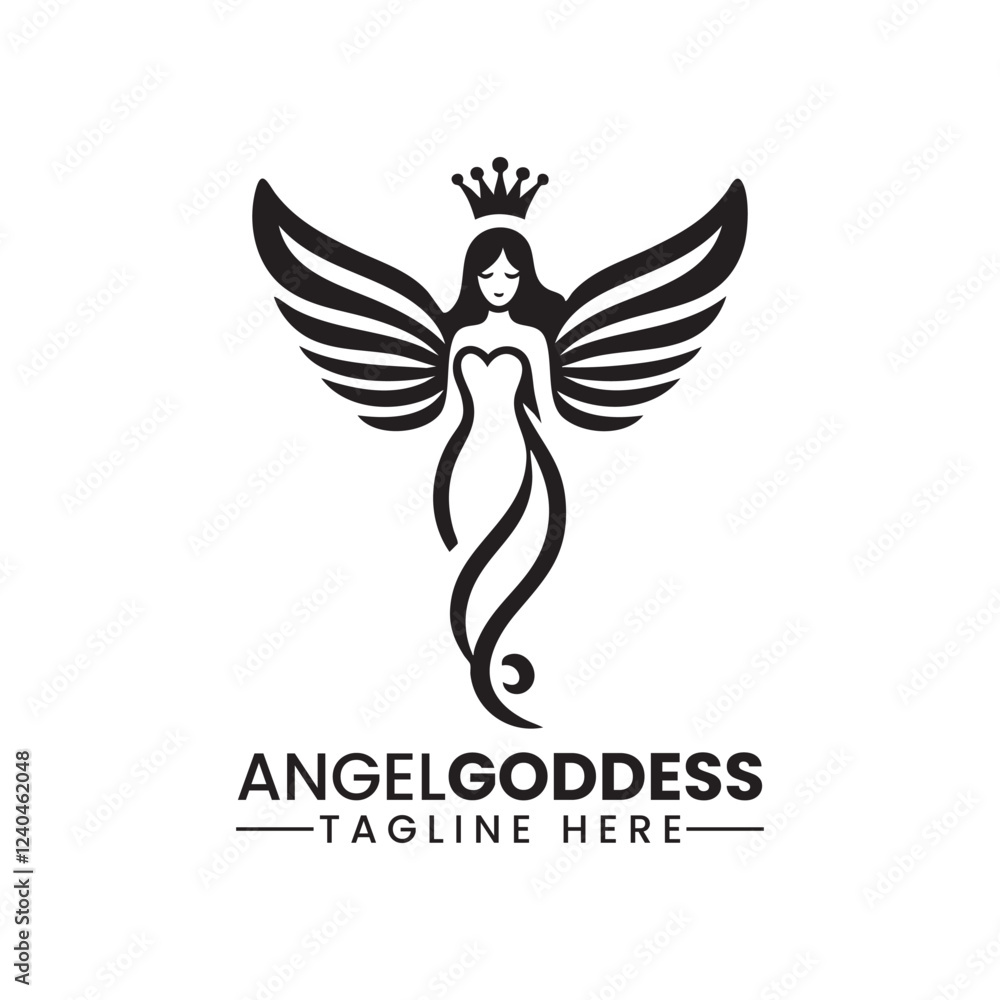 Obraz premium Angel Logo of a Beautiful Female Goddess of Wisdom with Wings, a Crown Vector Logo Illustration