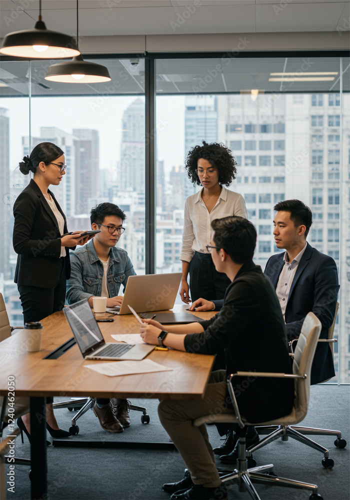 Business professionals in formal attire having a meeting in a modern office with large windows and a cityscape view. Business professionals in formal attire having a meeting in a modern office with large windows and a cityscape view.