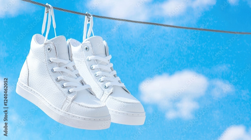 White sneakers drying on clothesline, sunny sky. Lifestyle product shot