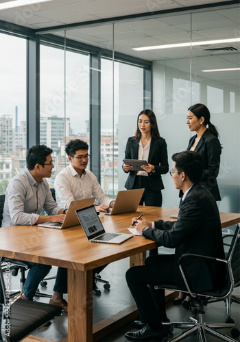 Diverse group of business professionals engaged in a discussion around a conference table in a high-rise office space.