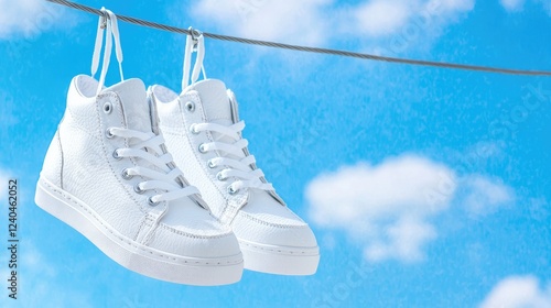 White sneakers drying on clothesline, sunny sky. Lifestyle product shot