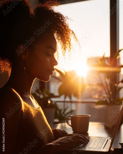 Contemporary Creative Workspace Sunlit Cafe with Young Black Woman Typing Poetry on Laptop - Cultural Diversity and Remote Work in Creative Industries photo