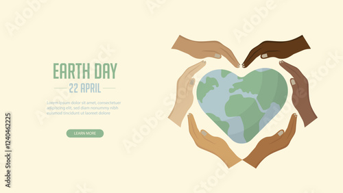 Earth day banner. Diverse Hands Forming Heart for Earth Day. Unity, environmental protection, and global togetherness for Earth Day. Inclusion concept. multinational people. Vector illustration