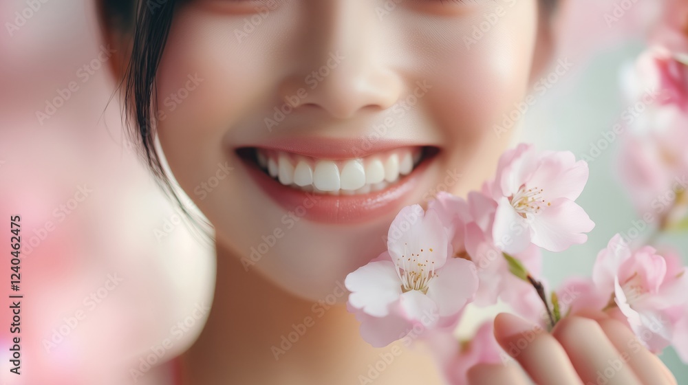 A smiling woman holding delicate cherry blossoms, radiating happiness and warmth, symbolizing spring and renewal. A smiling woman holding delicate cherry blossoms, radiating happiness and warmth, symbolizing spring and renewal.