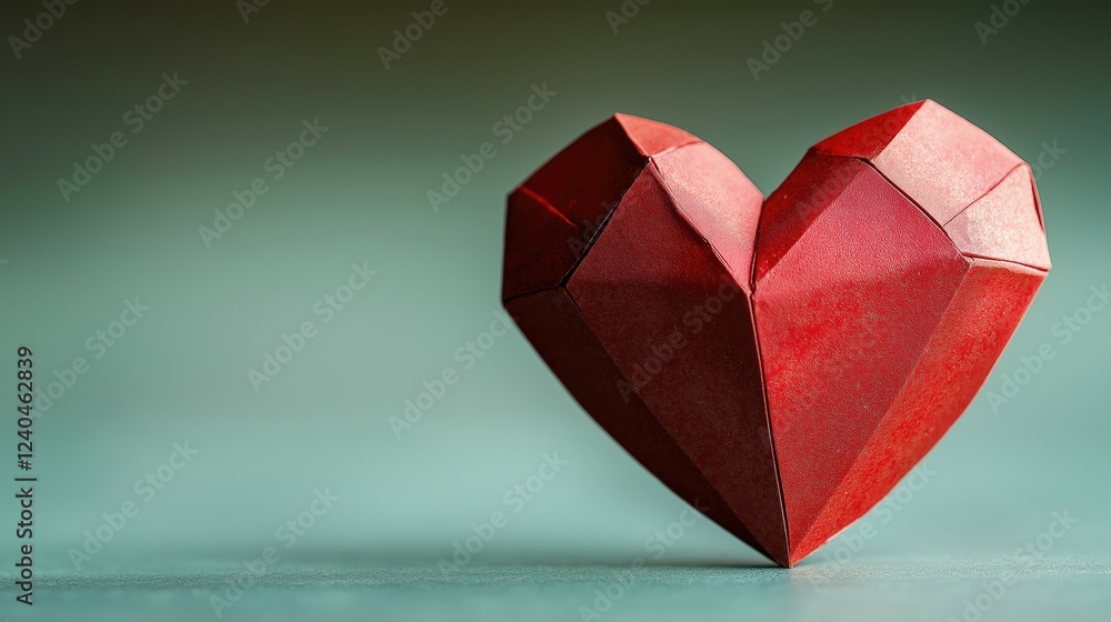 Obraz premium A beautifully crafted red origami heart on a soft green background, symbolizing love, affection, and creativity. Perfect for Valentine's Day or romantic themes.