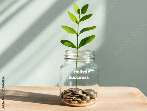 Minimalist Eco-Friendly Finance Glass Jar with Growing Plant and Coins on Wooden Surface - Sustainable Investment Strategy and Green Business Growth photo