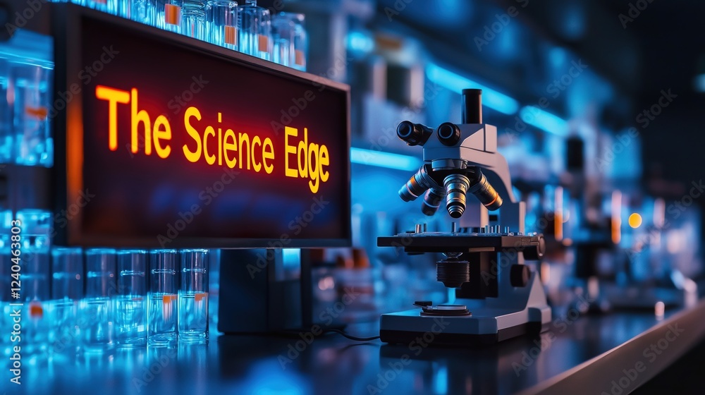 Modern Laboratory Scene with Microscope and Sign Modern Laboratory Scene with Microscope and Sign