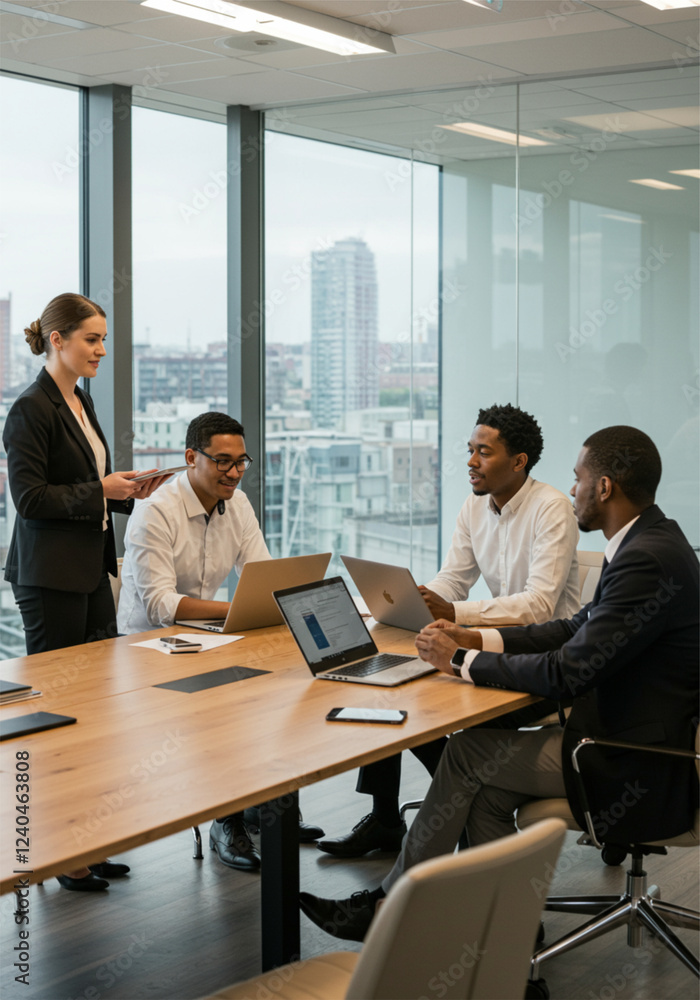 Corporate team collaborating on a project at a modern office conference table with documents and laptops.