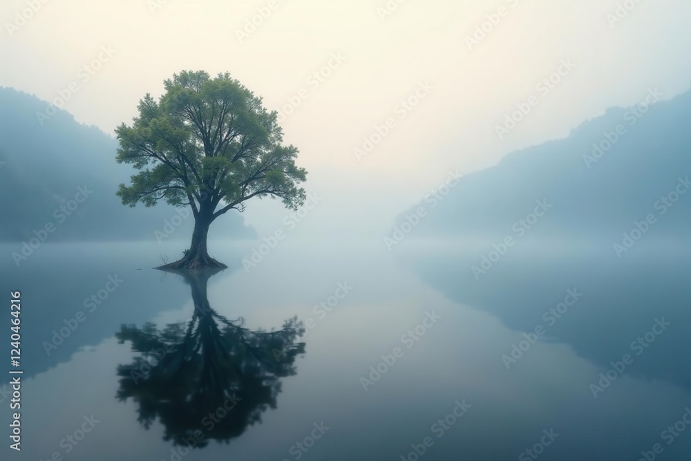 Foggy lake with a solitary tree partially submerged in water, water, aquatic, lake Foggy lake with a solitary tree partially submerged in water, water, aquatic, lake
