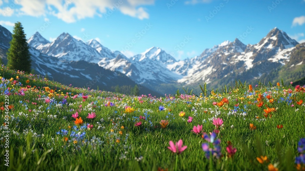 Obraz premium A serene alpine meadow with wildflowers blooming in vivid colors, set against the backdrop of snow-capped peaks and a clear blue sky.