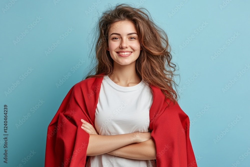 Fototapeta premium A young woman posing as a superhero, wearing a red cape and wavy hair cascading over her shoulders. The front-facing portrait is set against a light blue background