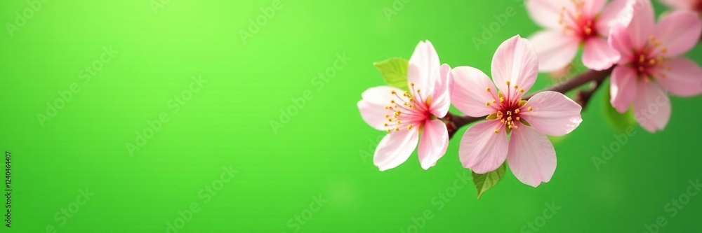 Obraz premium Blooming cherry blossom tree with apricot blossoms against a bright green background, tree, bloom, flower