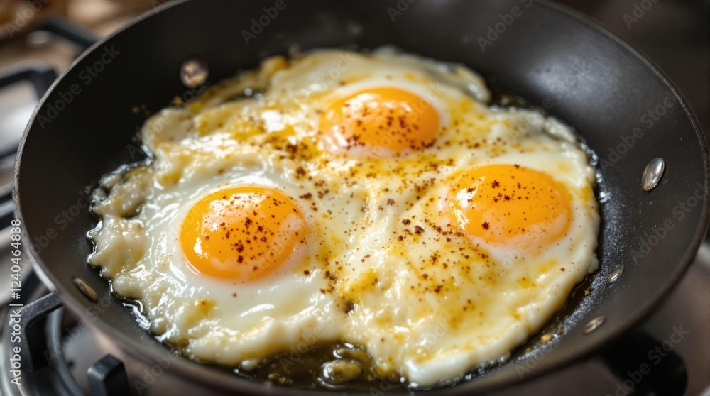 Three sunny-side-up fried eggs seasoned with spices are sizzling in a non-stick frying pan, creating a delicious breakfast concept for cooking enthusiasts and food photography. Three sunny-side-up fried eggs seasoned with spices are sizzling in a non-stick frying pan, creating a delicious breakfast concept for cooking enthusiasts and food photography.