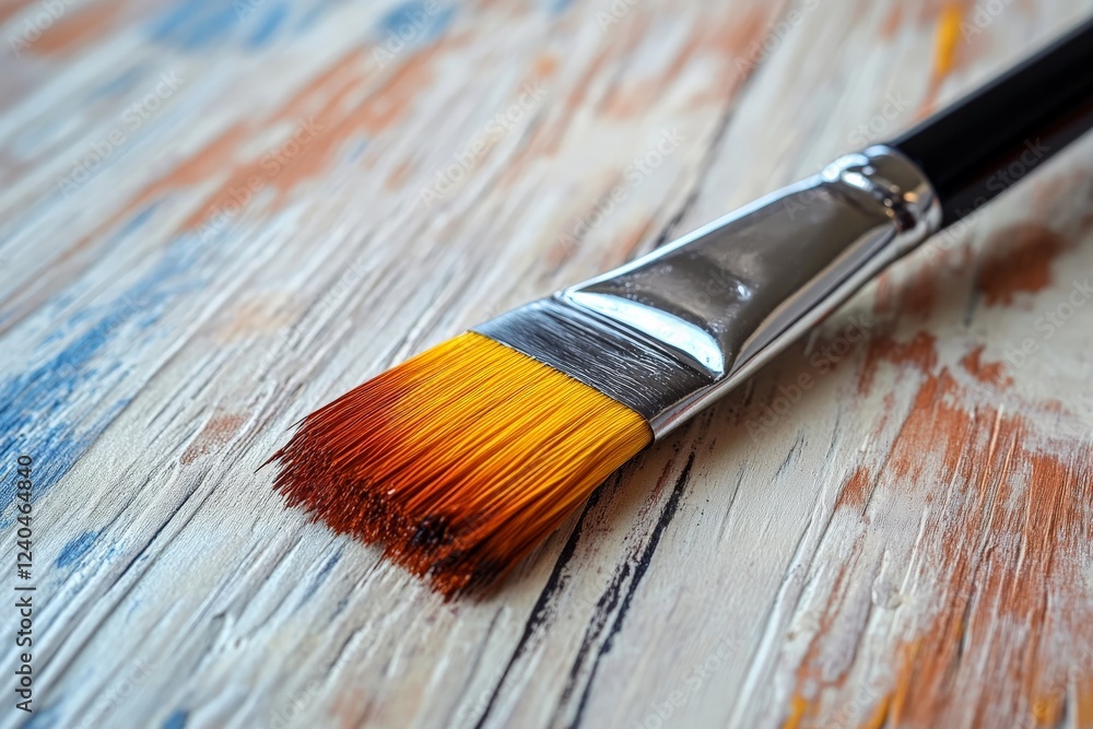 Fototapeta premium Close view of a paintbrush resting on a rustic wooden surface during a creative painting session