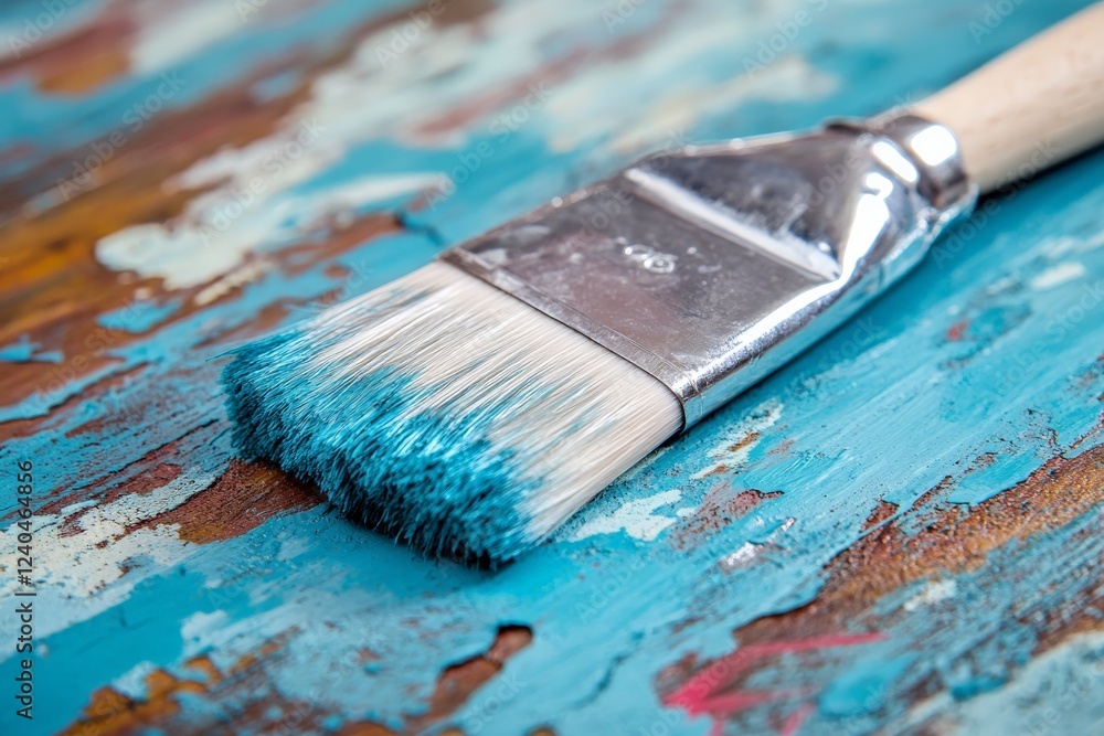 Fototapeta premium Brush rests on a weathered wooden surface painted in vibrant blue tones showcasing artistic detail and texture