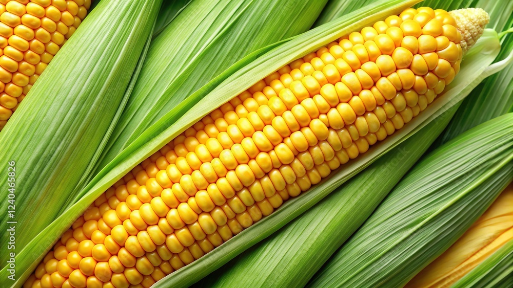 Aerial View Fresh Corn on the Cob with Husks and Colorful Vegetables Aerial View Fresh Corn on the Cob with Husks and Colorful Vegetables