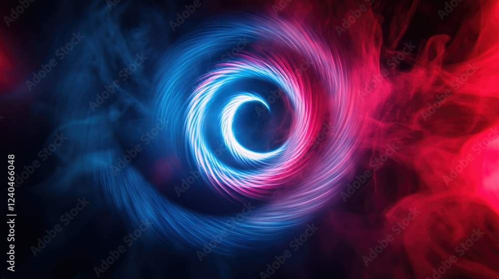 Red and blue laser beams spiral into a circular pattern on a concert stage, with steam adding depth. Red and blue laser beams spiral into a circular pattern on a concert stage, with steam adding depth.
