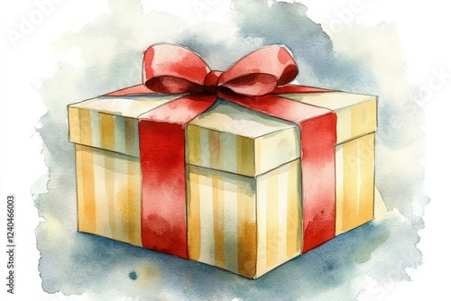 Colorful gift box wrapped in red ribbon against a soft watercolor background