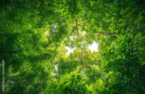 Lush canopy, forest, sunlight, green leaves, nature, background, overhead, eco, wallpaper photo